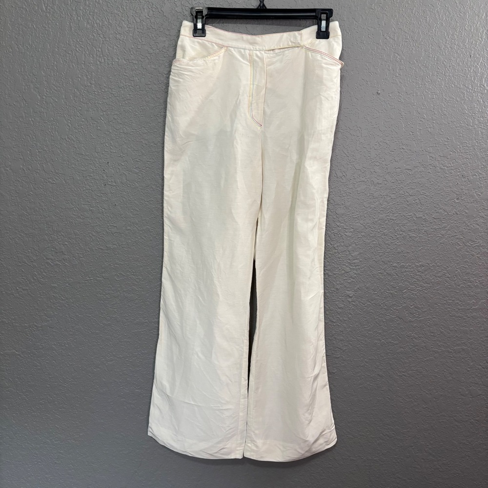 Emanuel Ungaro Paris Cream Linen Silk Wide Leg Pants Size 38 Made in Italy